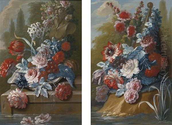 Bouquets Of Flowers On A Ledge Above Water (pair) Oil Painting by Mary Moser