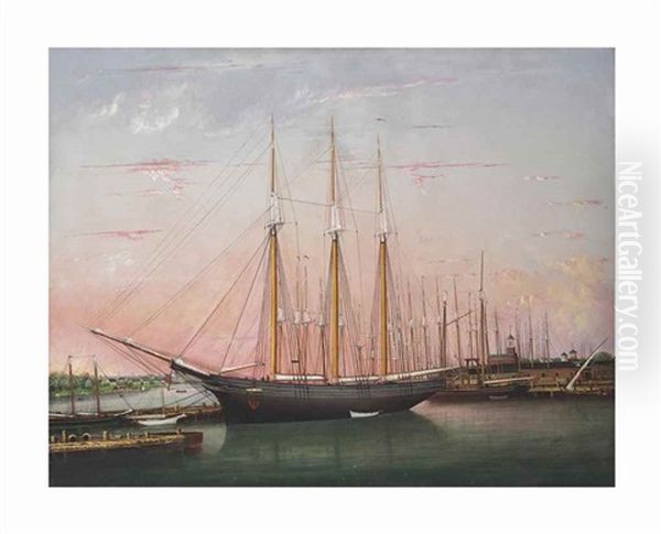 The Schooner Charles Carroll On The Piscataqua From The North End Of Noble's Bridge, Portsmouth, New Hampshire, 1875 Oil Painting by Thomas P. Moses