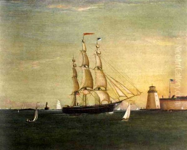 American Ship Entering Portsmouth Harbor, Fort Point With Portsmouth Harbor Light And Whaleback Light Oil Painting by Thomas P. Moses