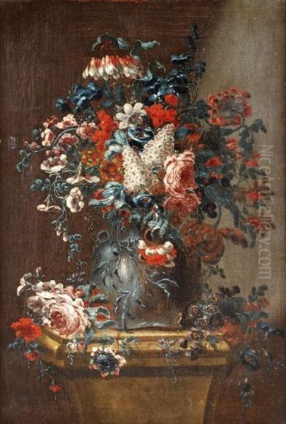 Still Life Studies Of Flowers In Vases On A Ledge Oil Painting by Charles Bigee