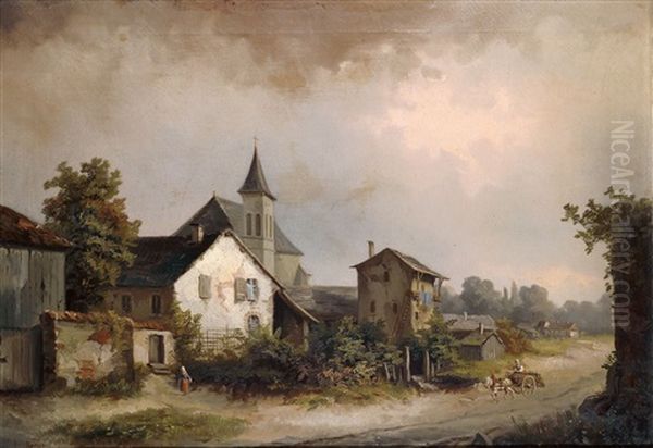 Dorfansicht Mit Einem Pferdefuhrwerk Oil Painting by Gustave Henry Mosler