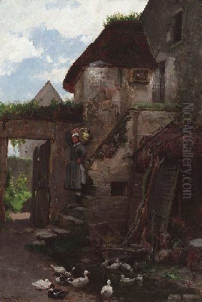 Idyll Auf Dem Bauernhof Oil Painting by Gustave Henry Mosler