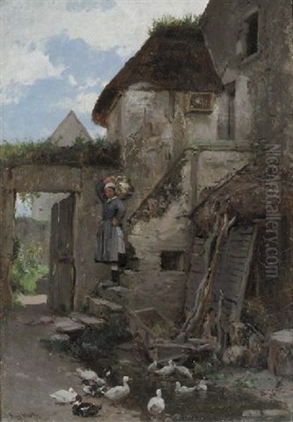 A Peasant Girl With Ducks In A Farmyard Oil Painting by Gustave Henry Mosler