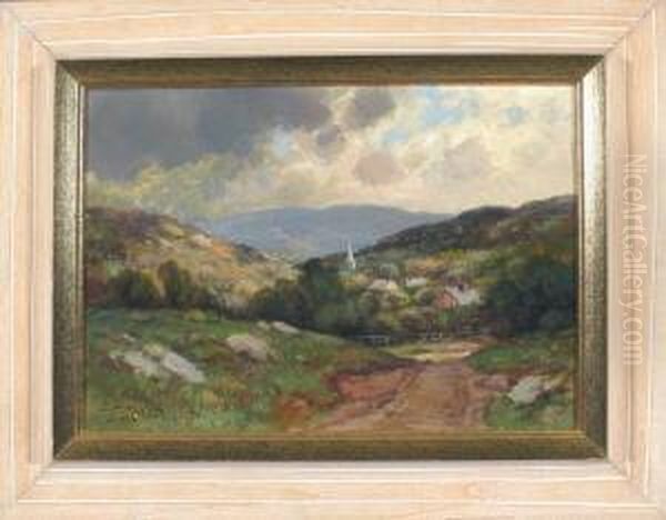 Blick Auf Ein Kirchdorf Hinter Baumen In Weiter Hugellandschaft Bei Gewitterstimmung Oil Painting by Daniel Folger Bigelow