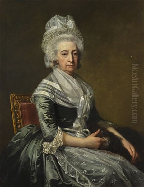 Portrait Of Mrs John Drummond, Seated Three-quarter Length, Wearing A Blue Dress, White Lace Apron And Cap Oil Painting by Jean Laurent Mosnier