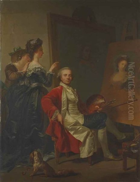 Portrait De Jean-laurent Mosnier (1743-1808) Dans Son Atelier, Avec Ses Filles Oil Painting by Jean Laurent Mosnier