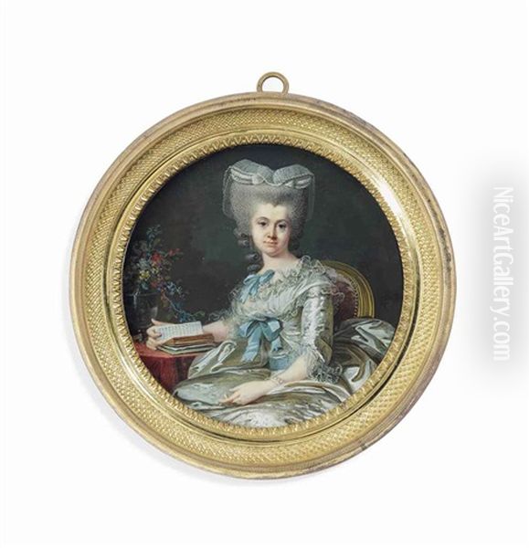 Duchesse De Chatillon, Seated On A Red Upholstered Chair, In Silk White Dress With Blue Sash And Ribbons, Gauze Cap Over Her Partly Upswept Powdered Hair Dressed In Rolls Oil Painting by Jean Laurent Mosnier