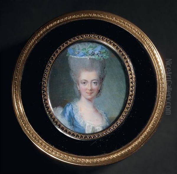 Portrait De Dame De Qualite En Robe De Soie Bleue Ornee De Rubans Blancs Et Dentelles, Son Importante Coiffure Relevee, Ornee De Fleurs Et Rubans Bleus Oil Painting by Jean Laurent Mosnier