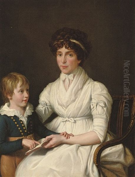 Portrait Of Lady, Seated, Half-length, Reading With Her Son Oil Painting by Jean Laurent Mosnier