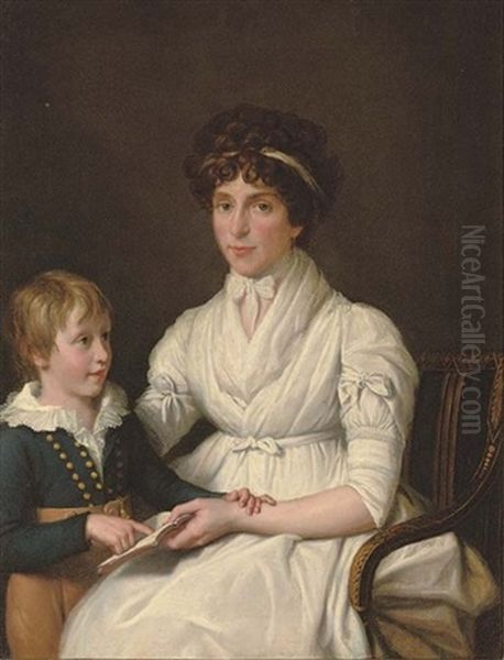 Portrait Of Lady, Seated Reading With Her Son Oil Painting by Jean Laurent Mosnier