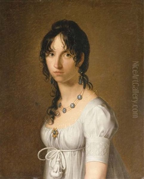 Portrait Of The Honorable Mrs. Pelham In A White Dress And Wearing Cameo Earings, A Necklace And Brooch Oil Painting by Jean Laurent Mosnier