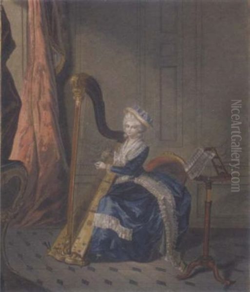 A Young Woman Playing A Harp In An Interior Oil Painting by Jean Laurent Mosnier