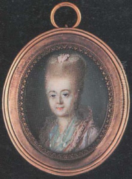 A Lady Wearing White Dress With Upstanding Frilled Pink Gauze Collar And Pale Blue And White Scarf, A Pink And White Lace Cap In Her Upswept Powdered Hair Oil Painting by Jean Laurent Mosnier