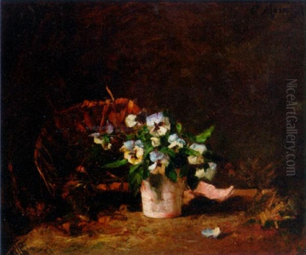 Pansies In A Vase, A Basket Beyond by Charles Eugene Moss