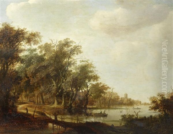 A River Landscape With Figures Crossing A Bridge In The Foreground Oil Painting by Jacob van Mosscher