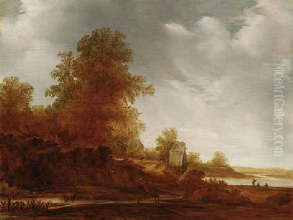 Hollandische Fluslandschaft Mit Gehoft Und Anglern Am Ufer Oil Painting by Jacob van Mosscher