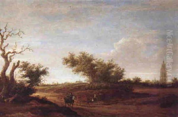 A Cattle Drover In A Wooded Dune Landscape With Church Spires And Windmill Oil Painting by Jacob van Mosscher