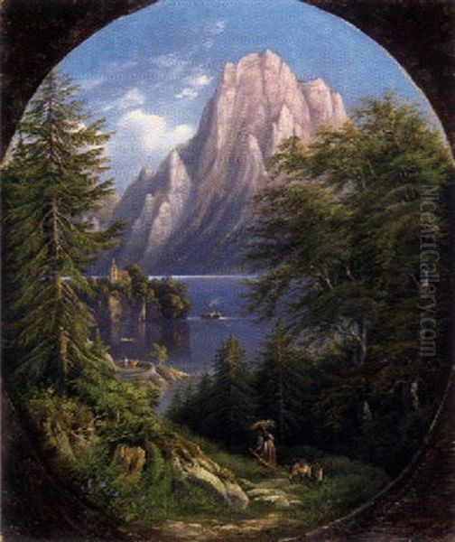 Blick Auf Den Traunsee Mit Der Johanneskapelle Oil Painting by Raimund Moessmer