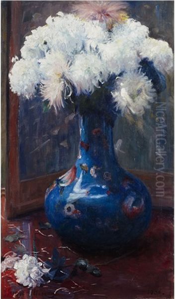 Chrysanthmums In A Cloisonne Vase Oil Painting by George Mosson