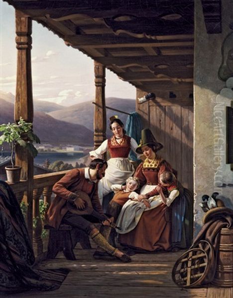 Ein Abend In Tirol - Tiroler Bauernfamilie Auf Der Veranda Mit Blick Auf Einen Bergsee Oil Painting by Ludwig August Most