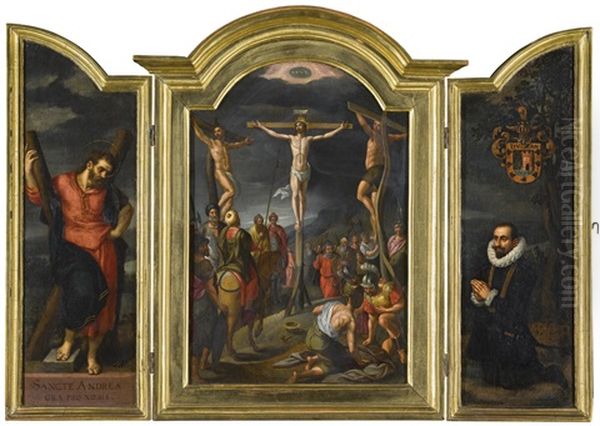 A Triptych: Central Panel: The Crucifixion Left Wing: Saint Andrew Right Wing: A Kneeling Male Donor Of The Escalera Family Oil Painting by Gillis Mostaert the Elder