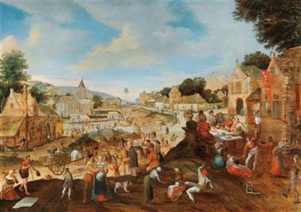 A Village Feast With Travellers Beyond Oil Painting by Gillis Mostaert the Elder