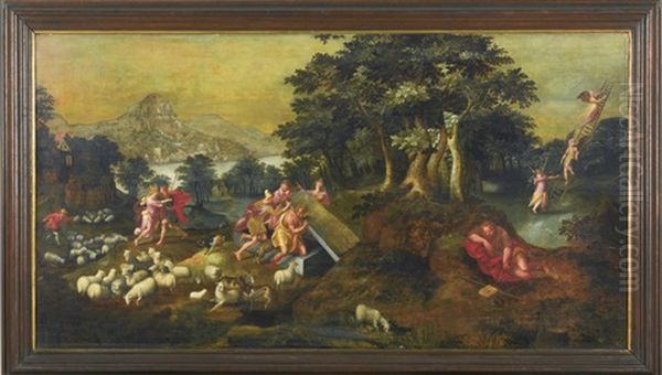 Scenes From The Life Of Jacob In The Book Of Genesis: Jacob Wrestling The Angel; Jacob Removing The Stone From The Well To Water Laban's Sheep; And The Dream Of Jacob's Ladder Oil Painting by Gillis Mostaert the Elder