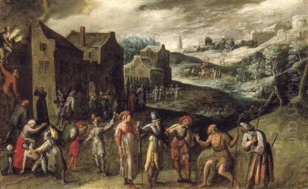 Pillage D'un Village Oil Painting by Gillis Mostaert the Elder