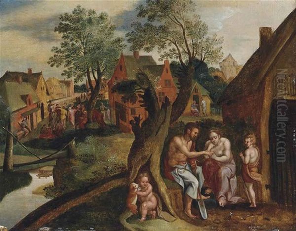 Adam And Eve After The Fall, With Cain And Abel, A Village Beyond Oil Painting by Gillis Mostaert the Elder