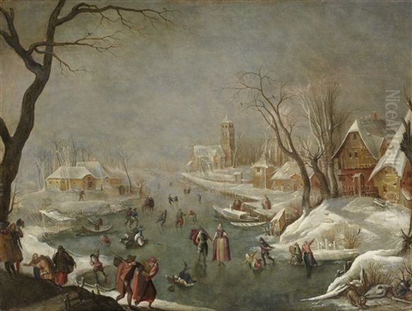 A Winter Landscape With Numerous Figures Skating On A Frozen River In The Midst Of A Village Oil Painting by Gillis Mostaert the Elder