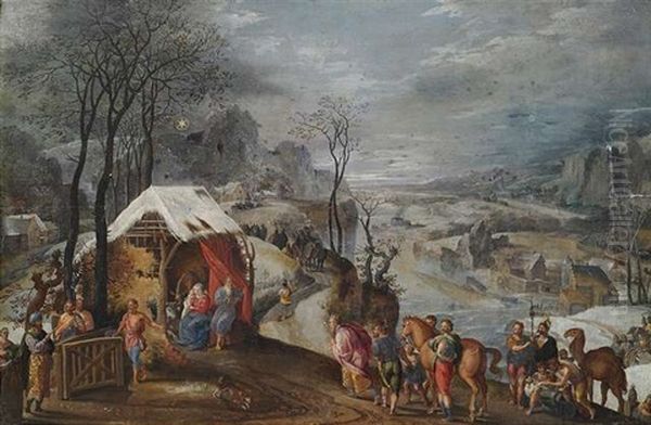 Ankunft Der Heiligen Drei Konige Am Stall Vor Weitem Winterlichem Landschaftshintergrund Oil Painting by Gillis Mostaert the Elder