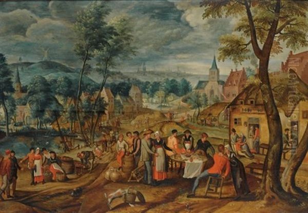 A Village Scene With Peasants Eating And Drinking, A Church Tower In The Background Oil Painting by Gillis Mostaert the Elder