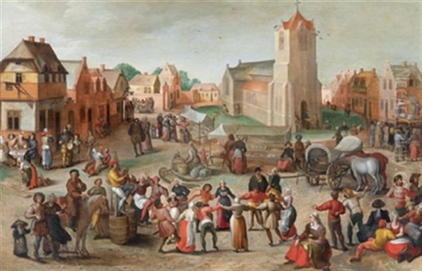 Markt Auf Dem Kirchplatz Des Dorfes Hoboken Bei Antwerpen Oil Painting by Gillis Mostaert the Elder