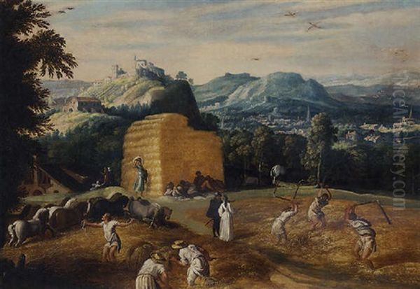 Summer: A Mountainous Village Landscape With Peasants Threshing Wheat In A Field Oil Painting by Gillis Mostaert the Elder