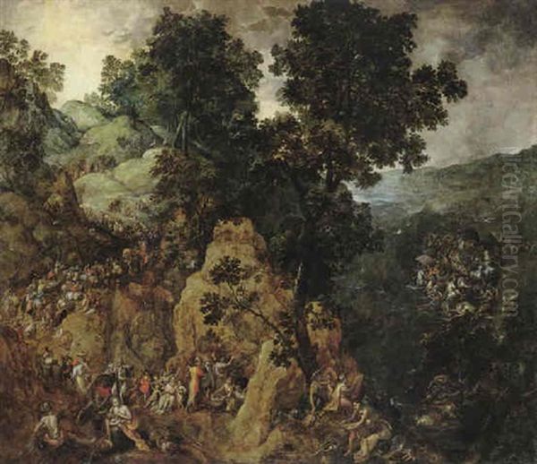 The Isrealites' Flight Form Egypt To The Promised Land, With Pharaoh's Army Engulfed By The Red Sea Oil Painting by Gillis Mostaert the Elder