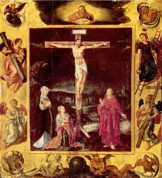 The Crucifixion, Within A Border Bearing The Symbols Of The Four Evangelists And Angels Bearing The Instruments Of The Passion Oil Painting by Gillis Mostaert the Elder