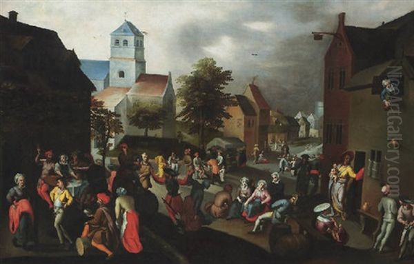 A Village Kermesse With Many Figures Dancing, Drinking And Conversing In The Streets Oil Painting by Gillis Mostaert the Elder