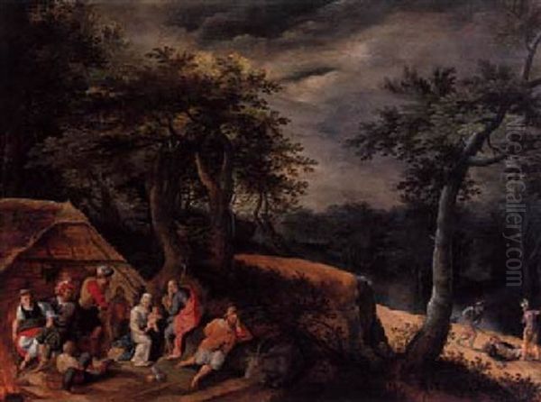 The Rest On The Flight Into Egypt With Soldiers Quarrelling And Attacking A Traveler On A Path Beyond Oil Painting by Gillis Mostaert the Elder