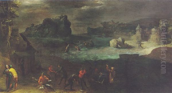 A Rocky Seascape With The Calling Of Saint Peter by Gillis Mostaert the Elder