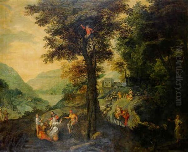 The Flight Into Egypt With Peasants Resting Under A Tree Nearby And A Shepherd With His Flock On A Road Beyond Oil Painting by Gillis Mostaert the Elder