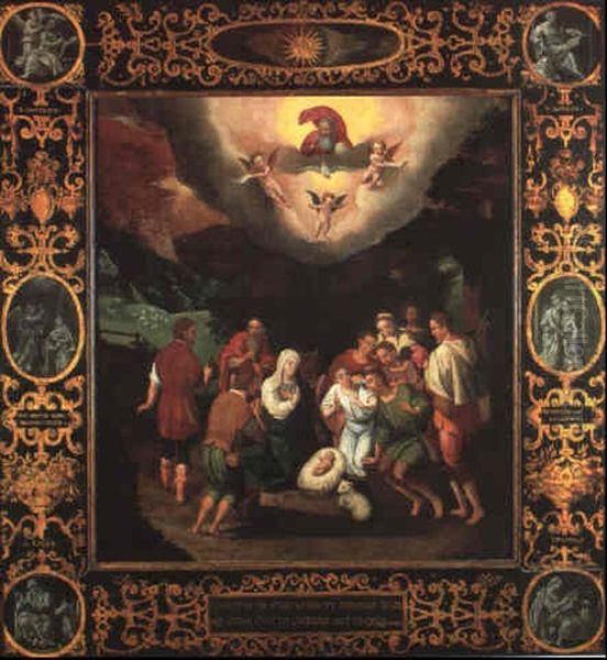 L'adoration Des Bergers Entouree D'un Encadrement Peint A   Decor De Six Medaillons Represantant Les Evangelistes ... Oil Painting by Gillis Mostaert the Elder