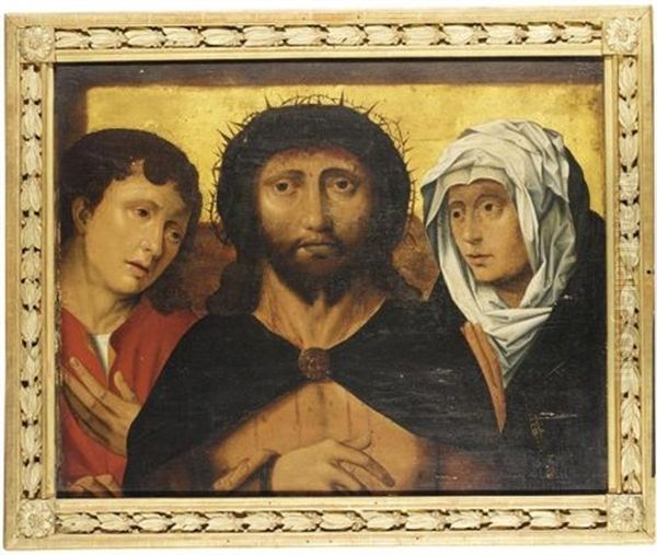 Christ Crowned With Thorns, With Mary And St. John The Evangelist / Christus Mit Dornen Gekront, Mit Maria Und Johannes Oil Painting by Frans Mostaert