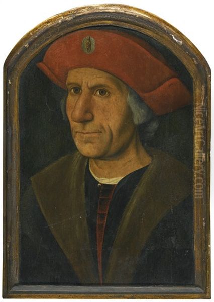 Portrait Of A Gentleman, Bust-length, Wearing A Fur-trimmed Coat And A Red Hat Oil Painting by Jan (Joannes Sinapius) Mostaert