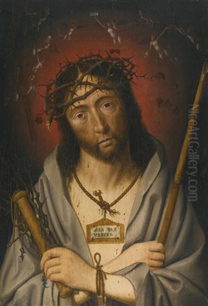 Christ As The Man Of Sorrows Oil Painting by Jan (Joannes Sinapius) Mostaert