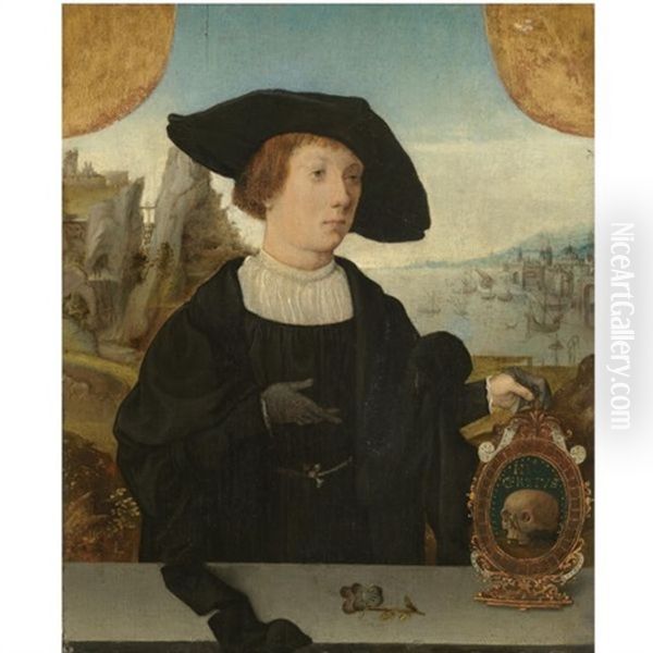 Portrait Of A Young Man, Behind A Ledge, With A Landscape Beyond, In A Black Hat, Holding A Memento Mori Oil Painting by Jan (Joannes Sinapius) Mostaert