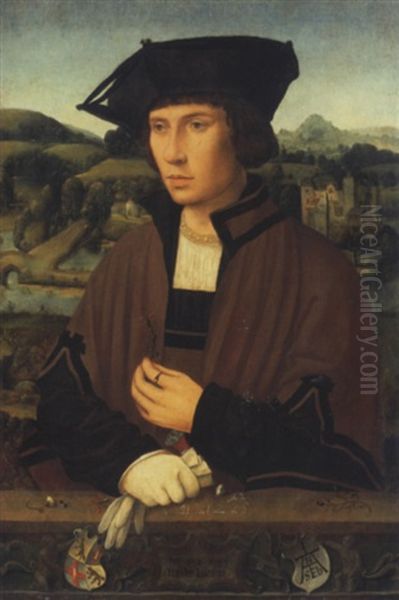 Portrait D'un Gentilhomme En Buste Tenant Une Fleur Oil Painting by Jan (Joannes Sinapius) Mostaert