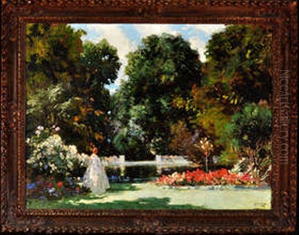 A Garden Scene With A Woman In A White Dress Oil Painting by Thomas Edwin Mostyn