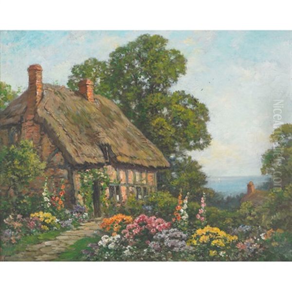 Thatched Tudor Seaside Cottage And Summer Garden Oil Painting by Thomas Edwin Mostyn