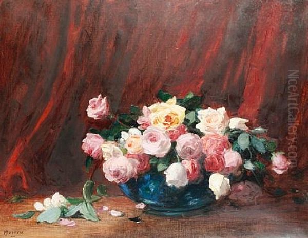 Still Life Of Roses In A Blue Bowl Oil Painting by Thomas Edwin Mostyn