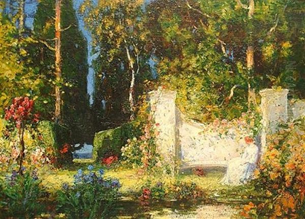 Lady In A White Dress Seated In A Garden Oil Painting by Thomas Edwin Mostyn